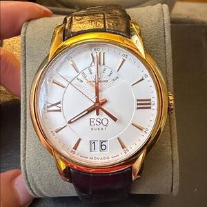 Movado ESQ Quest Gold-Tone Case with White Dial and Brown Leather Strap